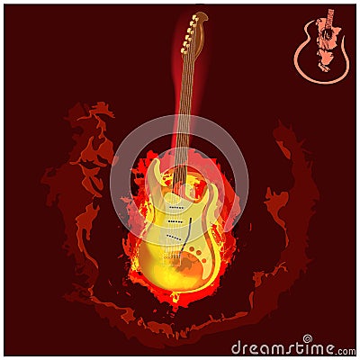 Fire music icon Realistic image of an electric guitar. Banner for musicians. Vector Illustration